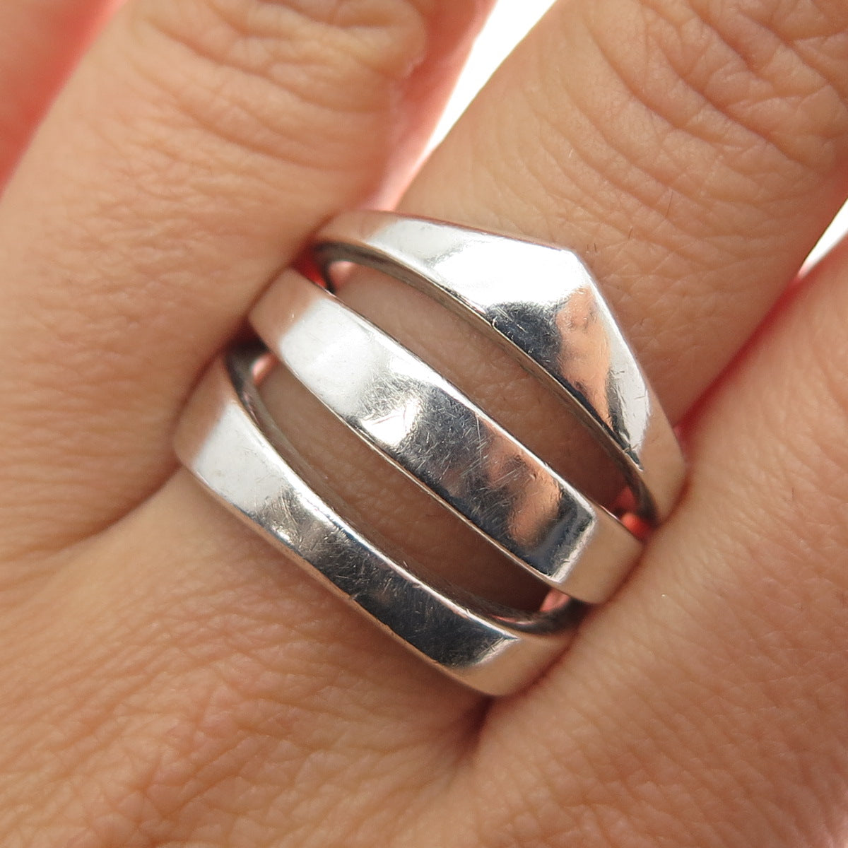925 Sterling Silver Vintage Modernist 3-Row Ring Size 8.75