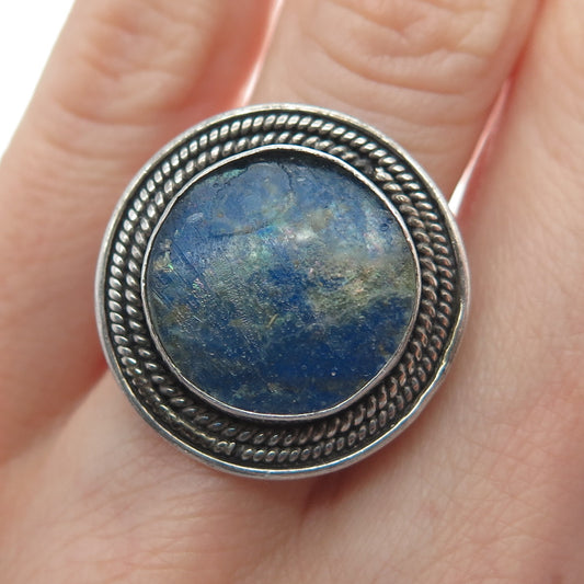 925 Sterling Silver Vintage Real Lapis Lazuli Modernist Ring Size 8.25
