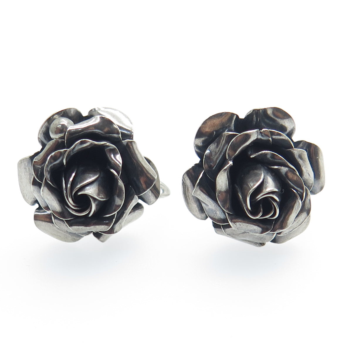 925 Sterling Silver Antique Art Deco Rose Flower Oxidized Screw Back Earrings