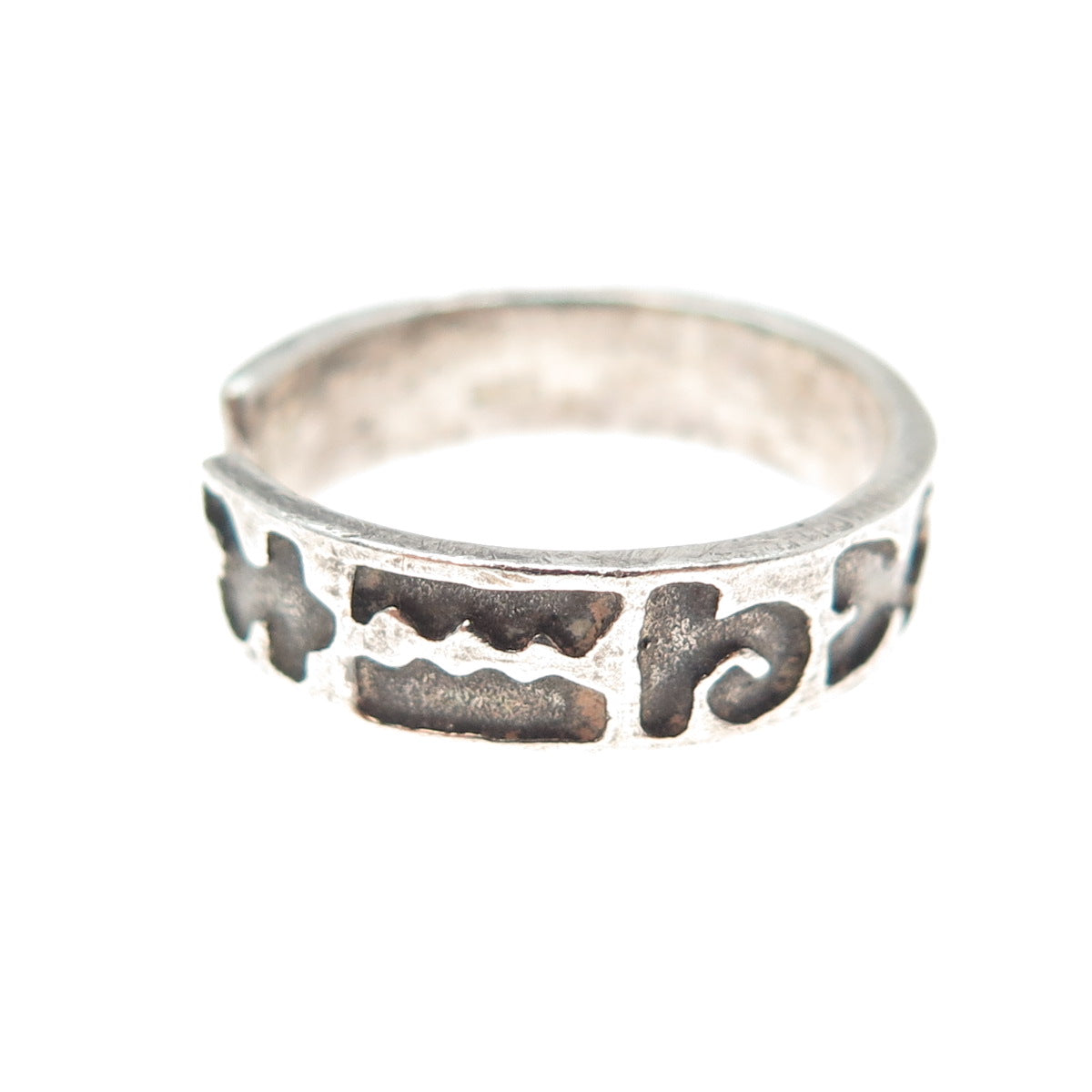925 Sterling Silver Vintage Runic Symbols Oxidized Adjustable Band Ring Size 6