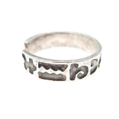 925 Sterling Silver Vintage Runic Symbols Oxidized Adjustable Band Ring Size 6