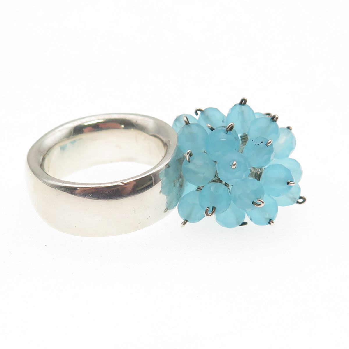 925 Sterling Silver Vintage Real Blue Sky Quartz Dangle Beads Ring Size 5