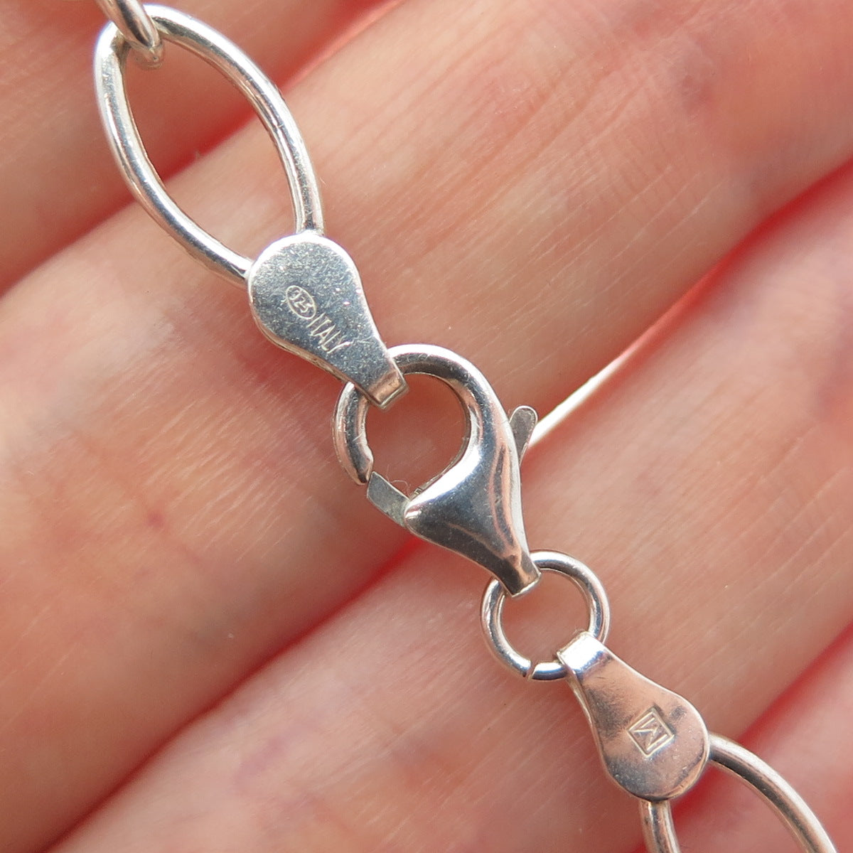 925 Sterling Silver Vintage Italy Heart Dangle Charm Oval Link Bracelet 7.25"
