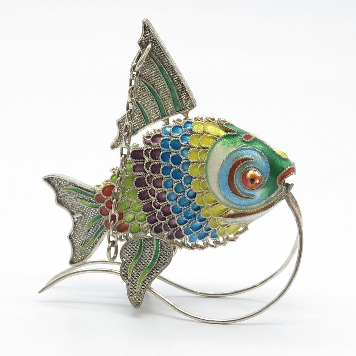 925 Sterling Silver Antique Enamel Articulated Chinese Koi Fish Chatelaine Fob
