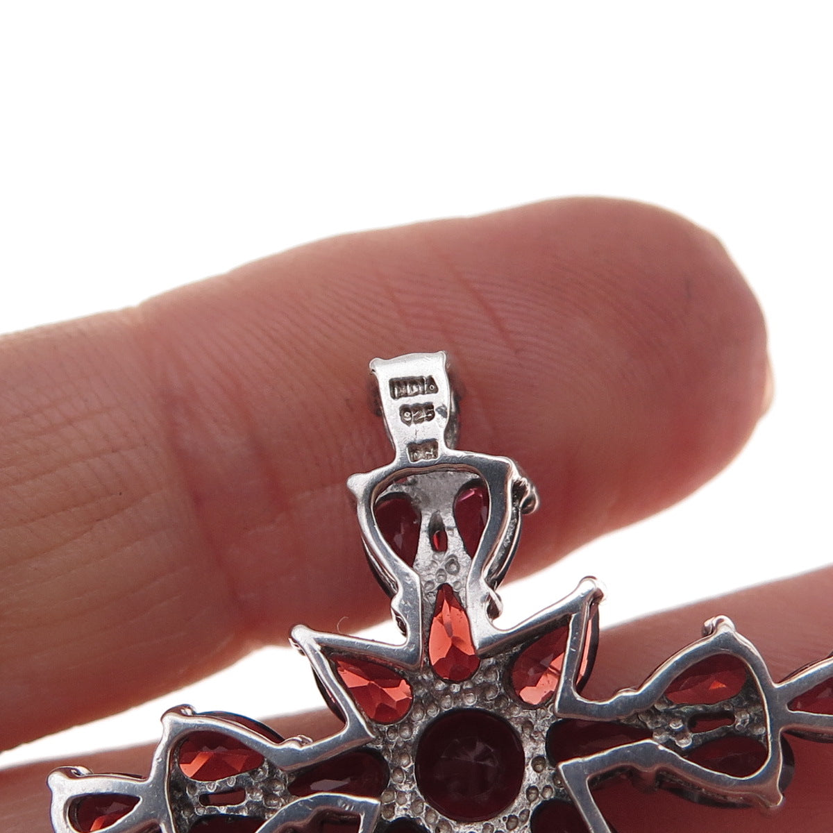 925 Sterling Silver Vintage Real Red Garnet Cross Cluster Slide Pendant