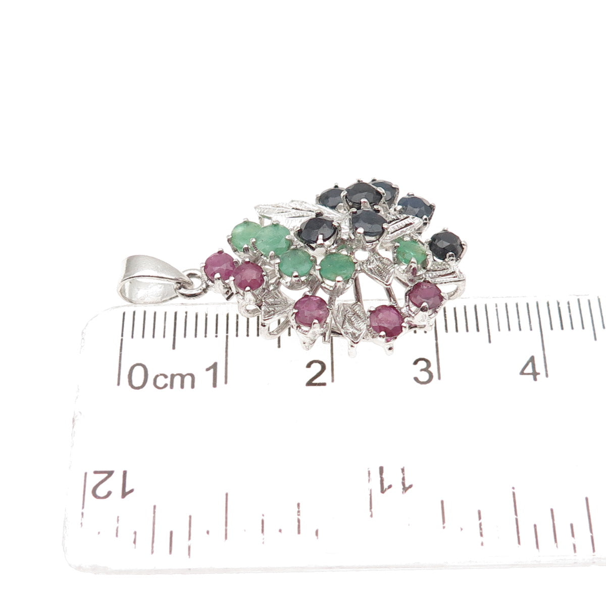 925 Sterling Silver Vintage Real Ruby Emerald & Sapphire Floral Charm Pendant