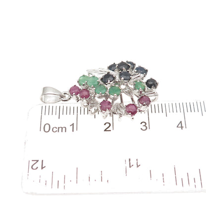 925 Sterling Silver Vintage Real Ruby Emerald & Sapphire Floral Charm Pendant