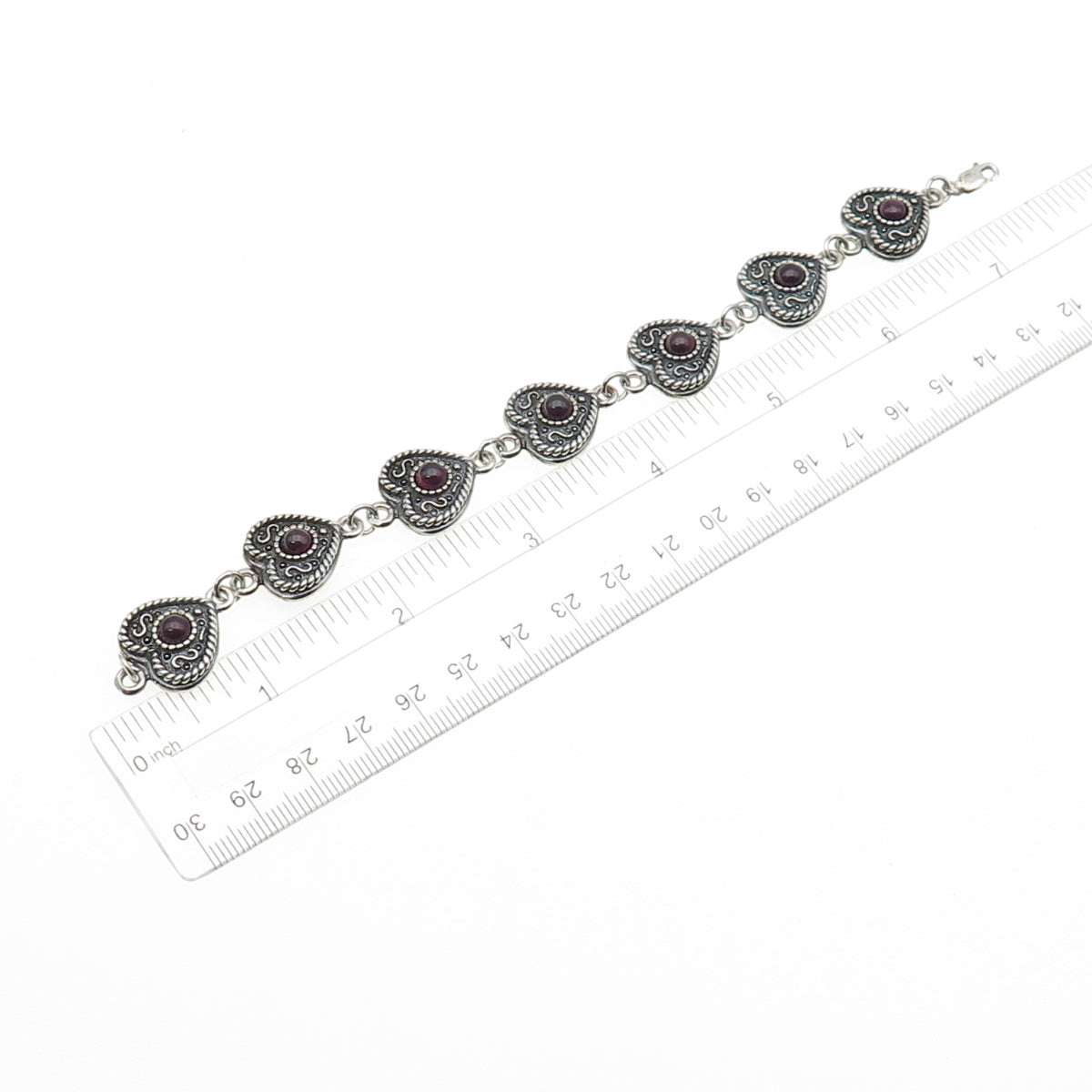 925 Sterling Silver Vintage Real Amethyst Oxidized Heart Link Bracelet 7.25"
