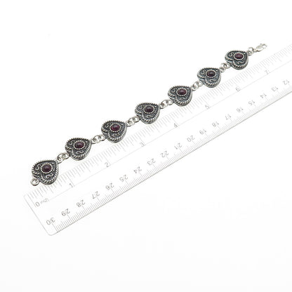 925 Sterling Silver Vintage Real Amethyst Oxidized Heart Link Bracelet 7.25"