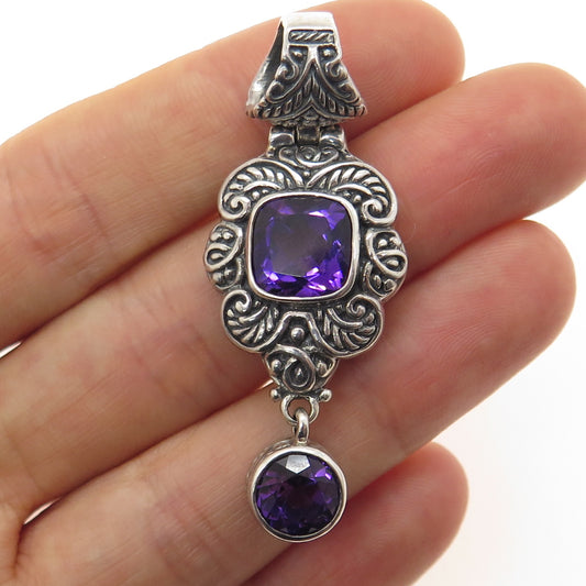 WHITNEY KELLY 925 Sterling Silver Vintage Real Amethyst Ornate Oxidized Pendant