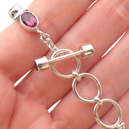 925 Sterling Silver Vintage Mexico Real Oval-Cut Rhodolite Bracelet 6-7"