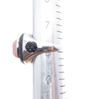 925 Sterling Silver Real Rhodonite & Black Spinel Modernist Ring Size 8