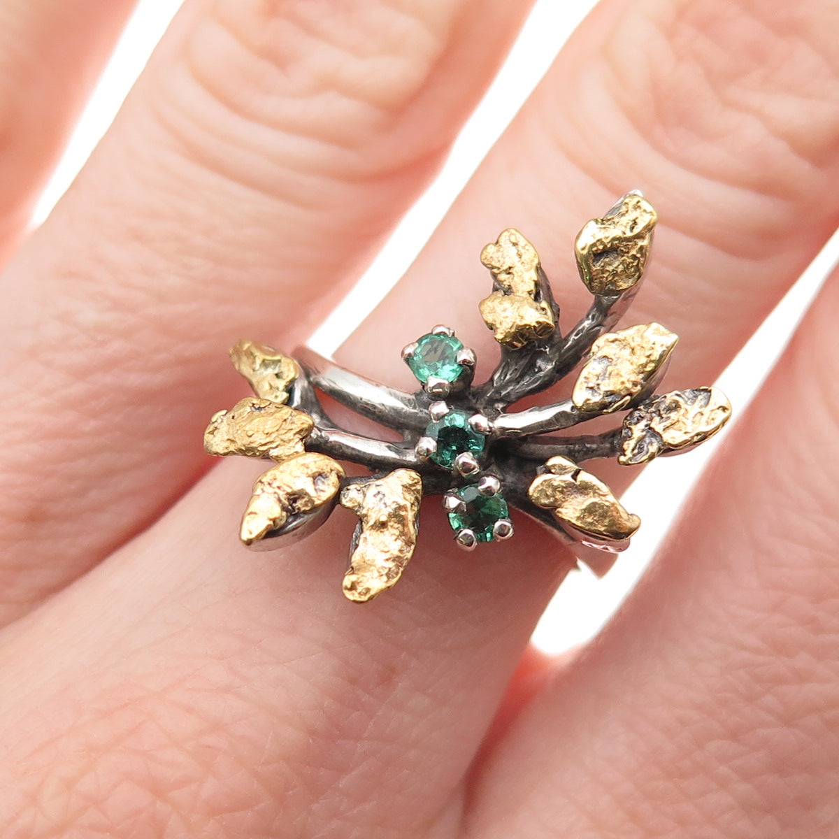 925 Sterling Silver 14K Gold Vintage Real Emerald Modernist Ring Size 6