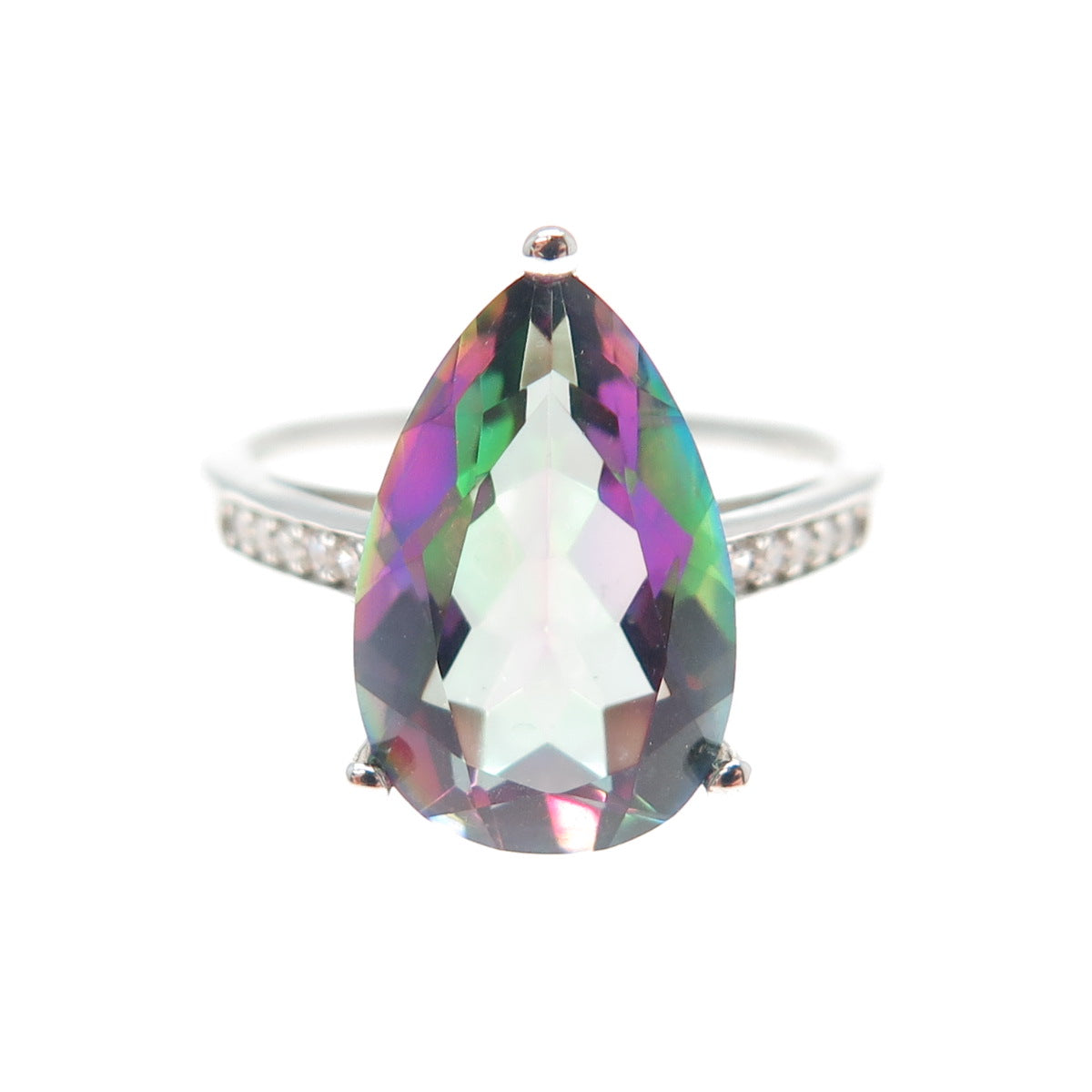 925 Sterling Silver Real Pear-Cut Mystic Quartz & Round-Cut C Z Ring Size 6.75