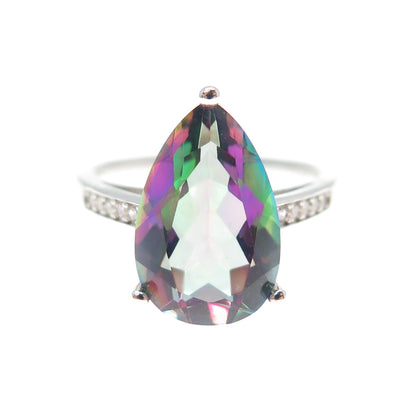 925 Sterling Silver Real Pear-Cut Mystic Quartz & Round-Cut C Z Ring Size 6.75