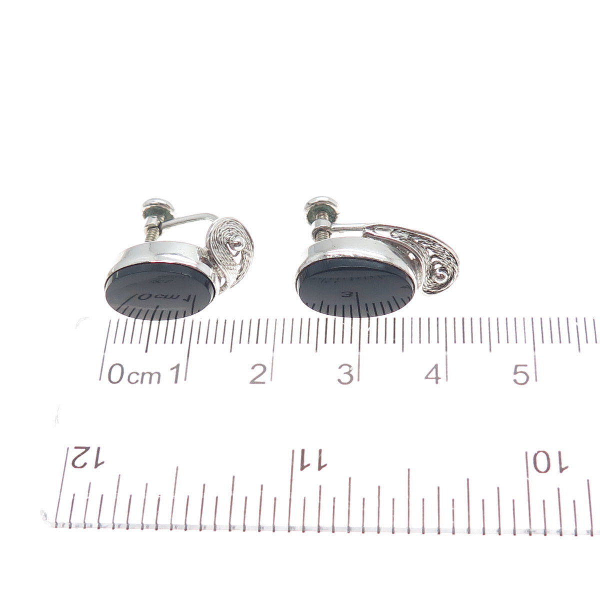 VAN DELL Sterling Silver Vintage Real Black Onyx Filigree Screw Back Earrings