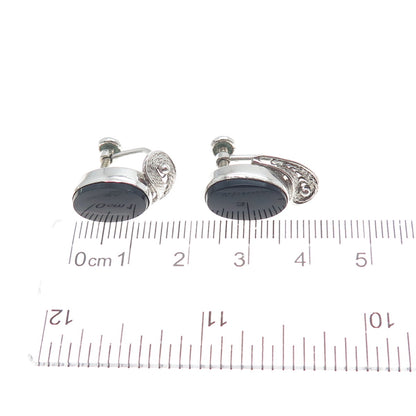 VAN DELL Sterling Silver Vintage Real Black Onyx Filigree Screw Back Earrings