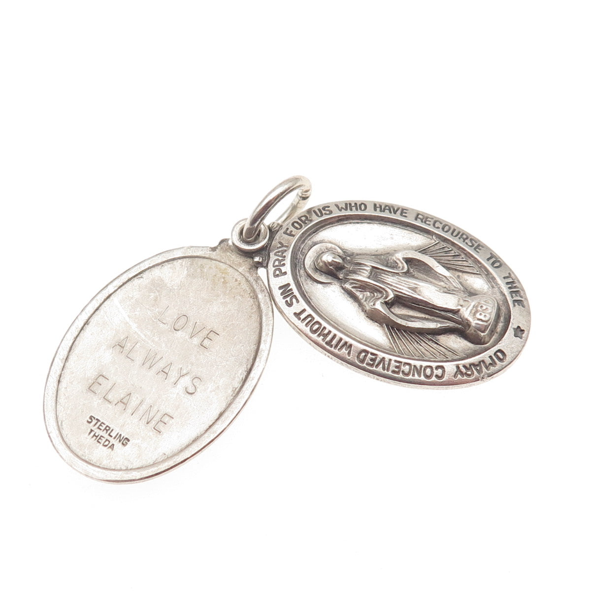THEDA 925 Sterling Silver Antique Art Deco St. Mary Slide Double Charm Pendant