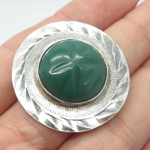 925 Sterling Silver Vintage Mexico Real Green Onyx Gemstone Pin Brooch / Pendant