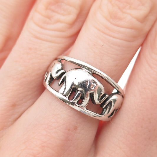 925 Sterling Silver Vintage Elephant Family Oxidized Ring Size 9