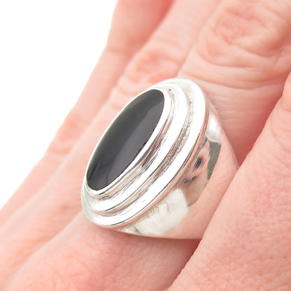 925 Sterling Silver Vintage Real Black Onyx Modernist Ring Size 10.5