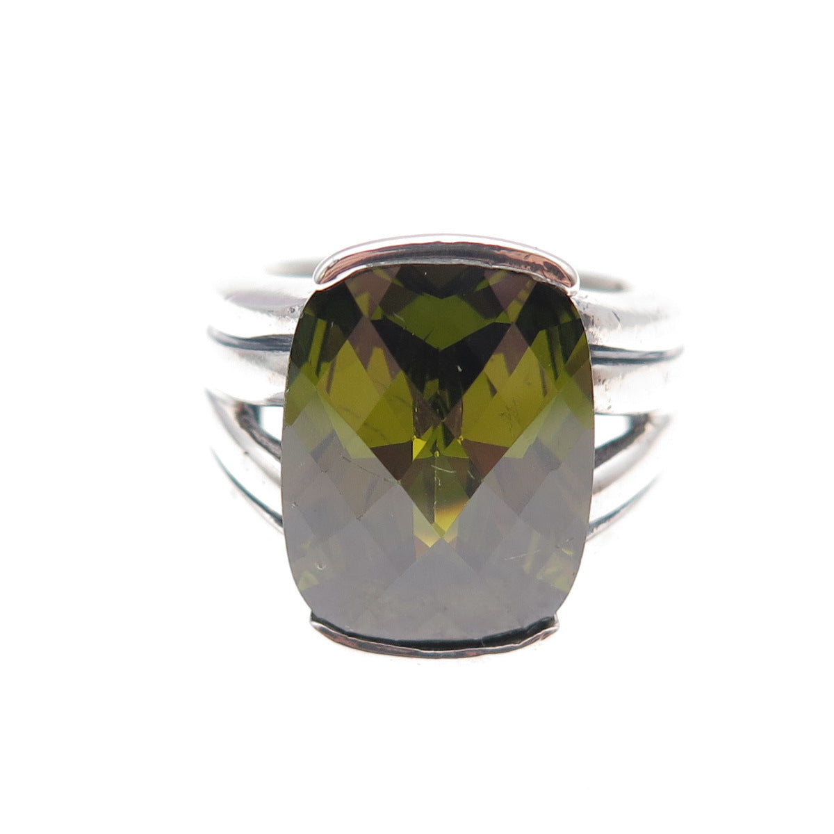 925 Sterling Silver Cushion-Cut Green C Z Modernist Oxidized Ring Size 6