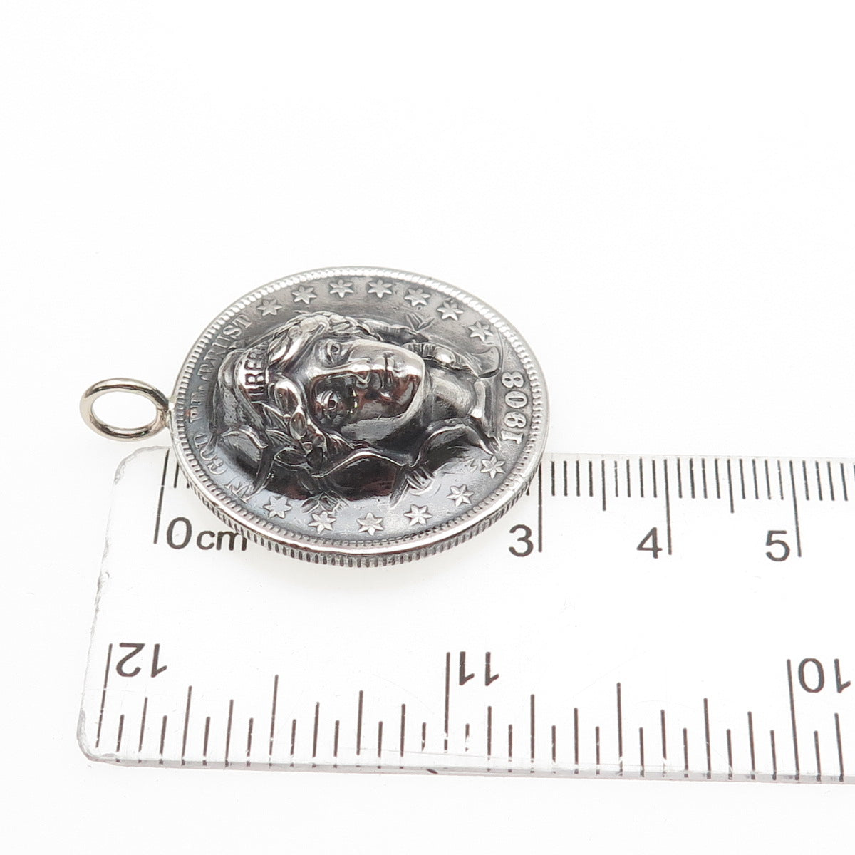 900 Silver Antique 1908 US Barber Half Dollar Repousse Coin Charm Pendant