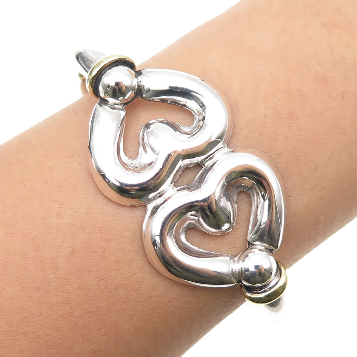 925 Sterling 2-Tone Vintage Mexico Modernist Heart Adjustable Bracelet 6.5"