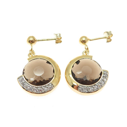 925 Sterling Silver Gold Plated Real Smoky Quartz & C Z Crescent Dangle Earrings