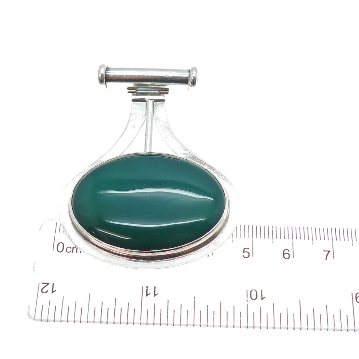 925 Sterling Silver Vintage Real Green Agate Modernist Slide Large Pendant