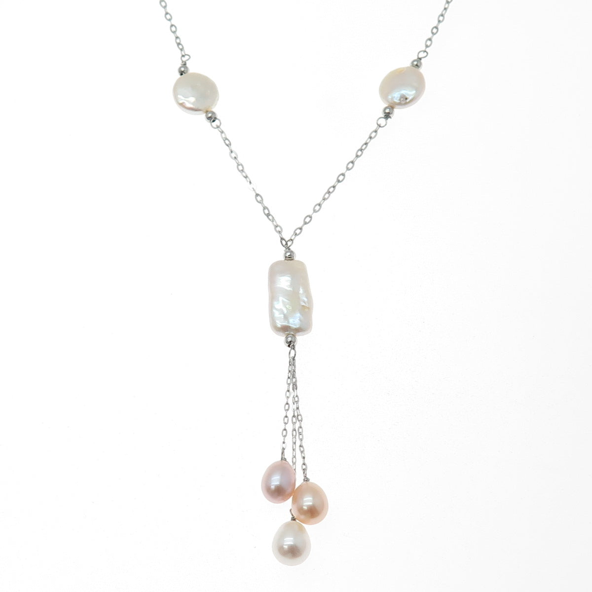 925 Sterling Silver Vintage Real Pearl Tassel Station Chain Necklace 16"