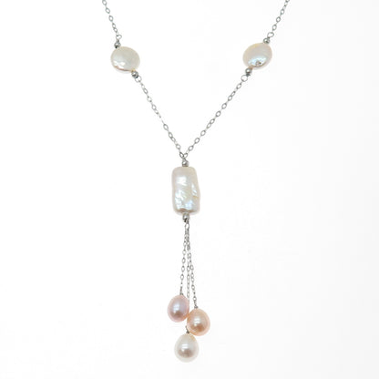 925 Sterling Silver Vintage Real Pearl Tassel Station Chain Necklace 16"