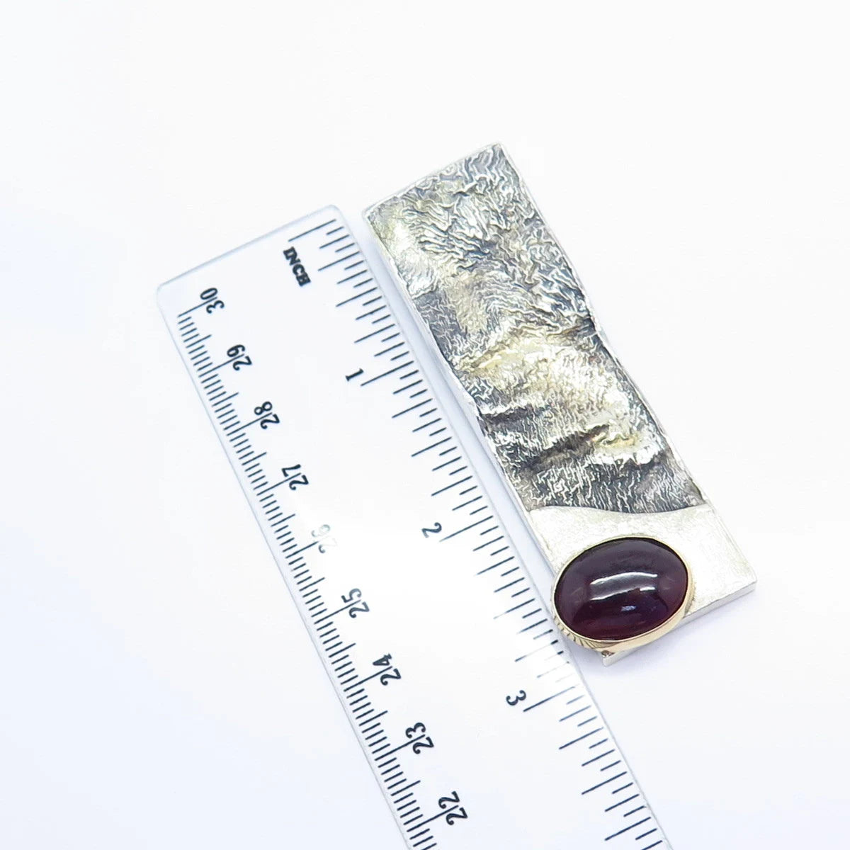 925 Sterling Silver / 14K Gold Vintage Red Garnet Gem Textured Modernist Pendant