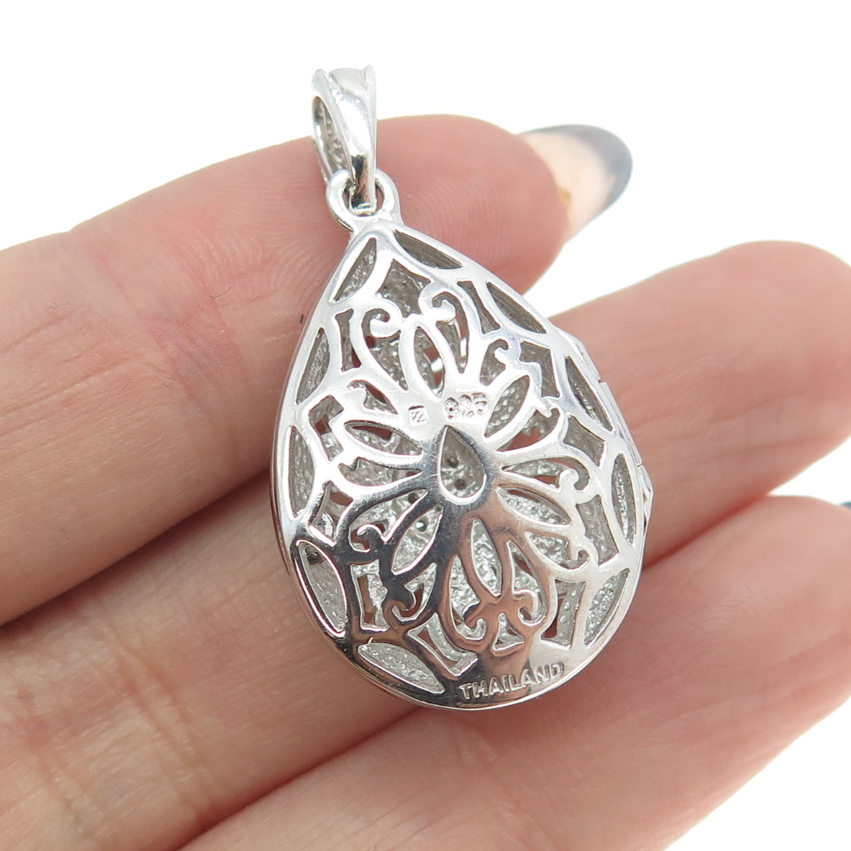 925 Sterling Silver Real Round-Cut Diamond Floral Teardrop Pendant