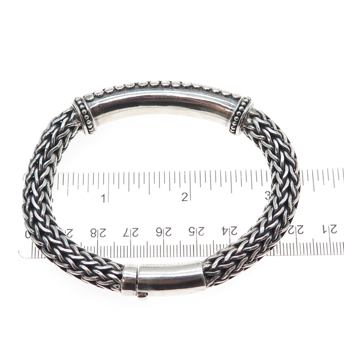 925 Sterling Silver Vintage Dotted Wheat Link Oxidized Heavy 79.5g Bracelet 7.5"