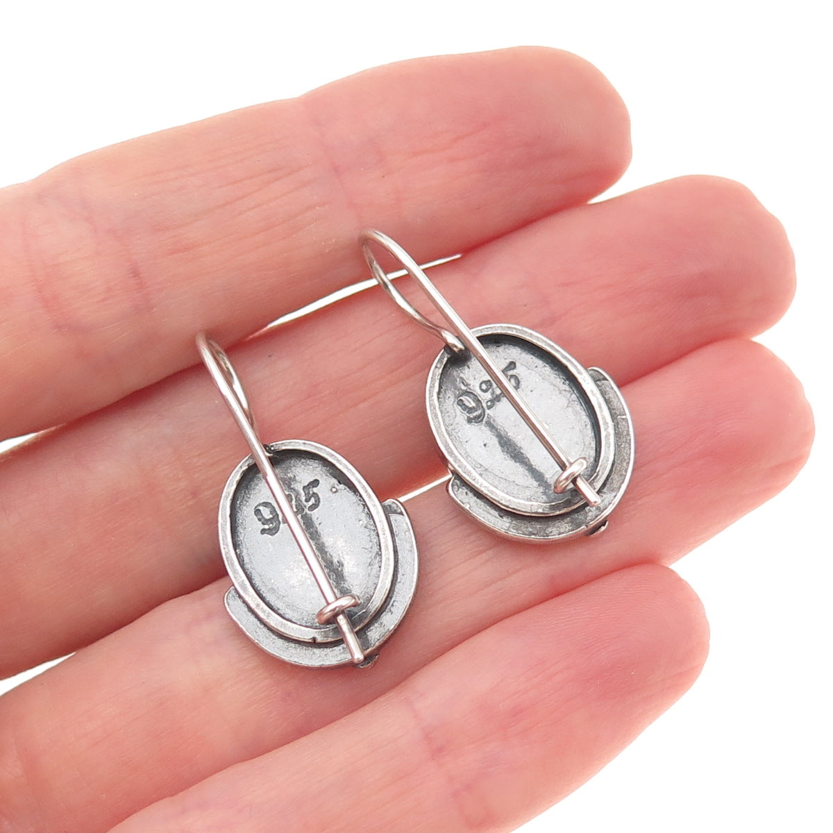 925 Sterling Silver 2-Tone Vintage Modernist Heart Ornate Oxidized Earrings