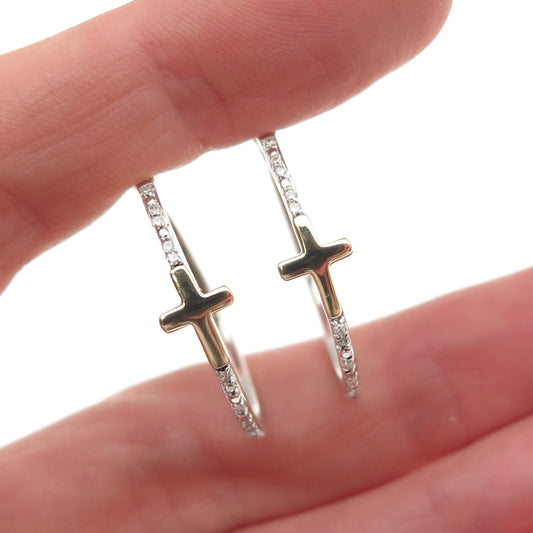 Sun 925 Sterling Silver 10K Gold Real Round-Cut Diamond Cross Hoop Earrings