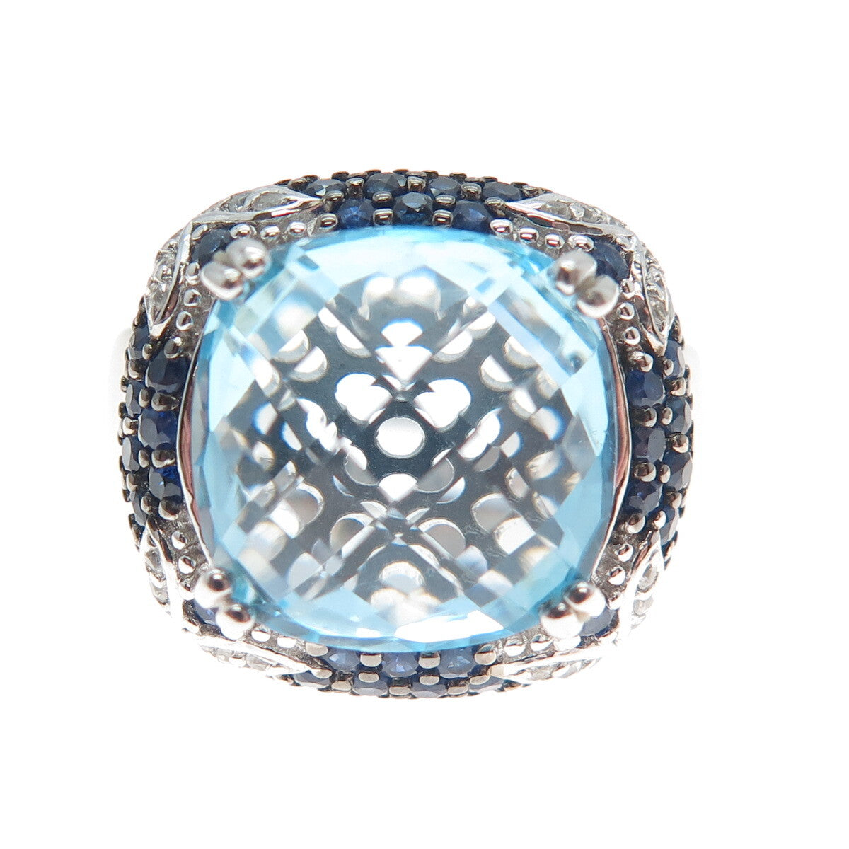 DSMK 925 Sterling Silver Checkered Blue & White Topaz Sapphire Gem Ring Size 7
