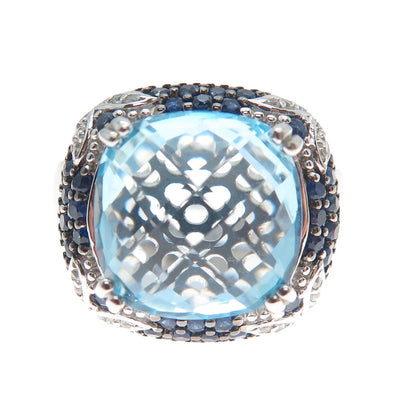 DSMK 925 Sterling Silver Checkered Blue & White Topaz Sapphire Gem Ring Size 7