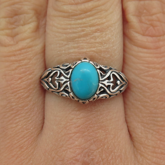 SHUBE Sterling Silver Vintage Real Mountain Turquoise Ornate Signet Ring Size 8