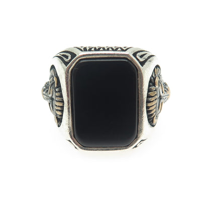 925 Sterling Silver Vintage Real Black Onyx Lion Signet Ring Size 11.25