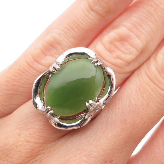 925 Sterling Silver Vintage Real Jade Floral Oxidized Ring Size 4