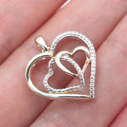 925 Sterling Silver 3-Tone Real Diamond Accent Interlocked Heart Mini Pendant