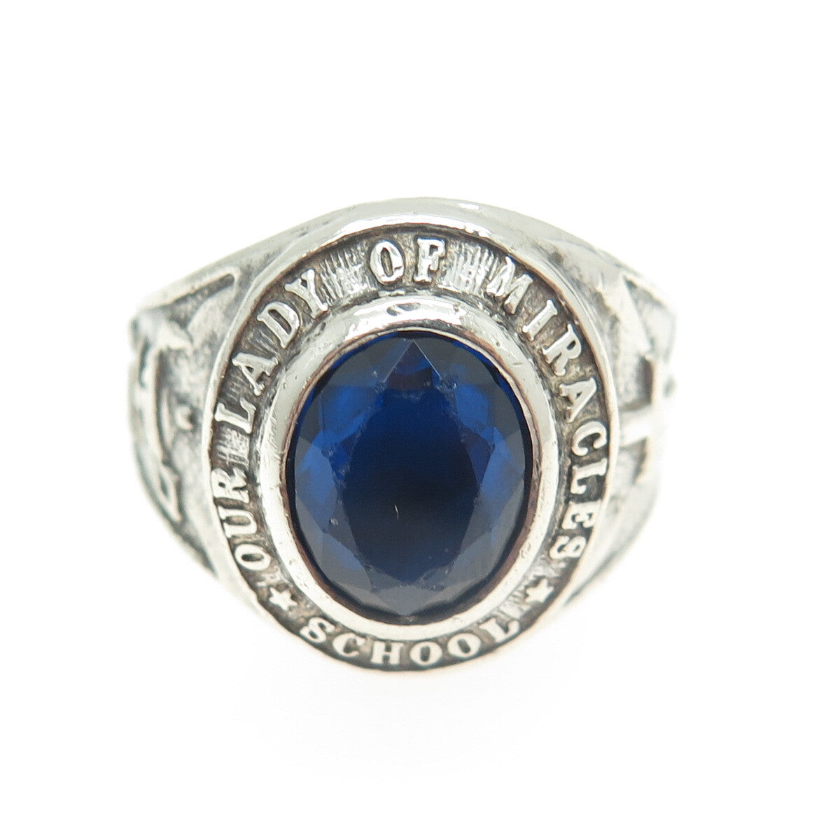 925 Sterling Silver Vintage 1971 Glass Our Lady of Miracles School Ring Size 8.5