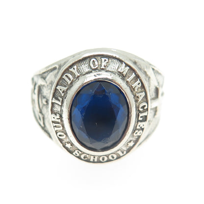 925 Sterling Silver Vintage 1971 Glass Our Lady of Miracles School Ring Size 8.5
