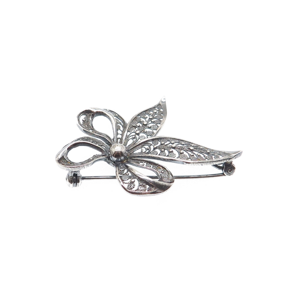 935 Silver Vintage Filigree Ribbon Bow Oxidized Pin Brooch