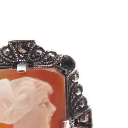 925 Sterling Antique MOP & Marcasite Lady Cameo Ring Size 5.25 (missing stone)