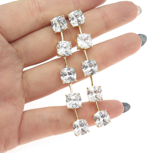 925 Sterling Silver Gold Plated Princess-Cut Shaped C Z Dangling Earrings