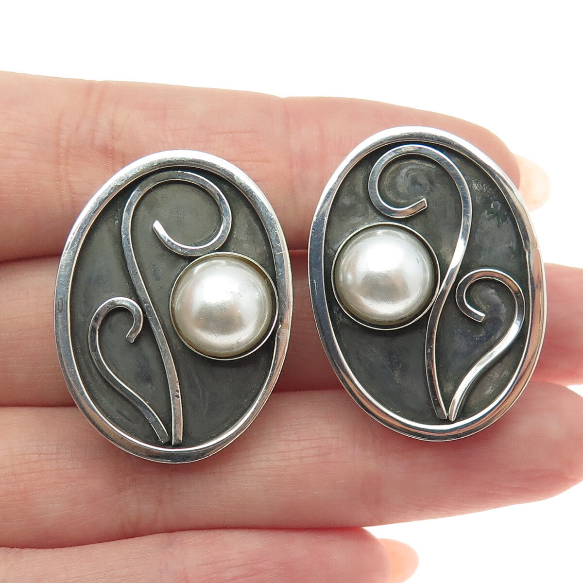 CELIA SEBIRI Sterling Silver Vintage Pearl Modernist Oxidized Clip On Earrings