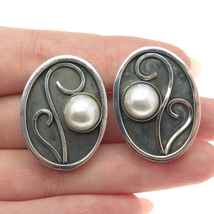 CELIA SEBIRI Sterling Silver Vintage Pearl Modernist Oxidized Clip On Earrings